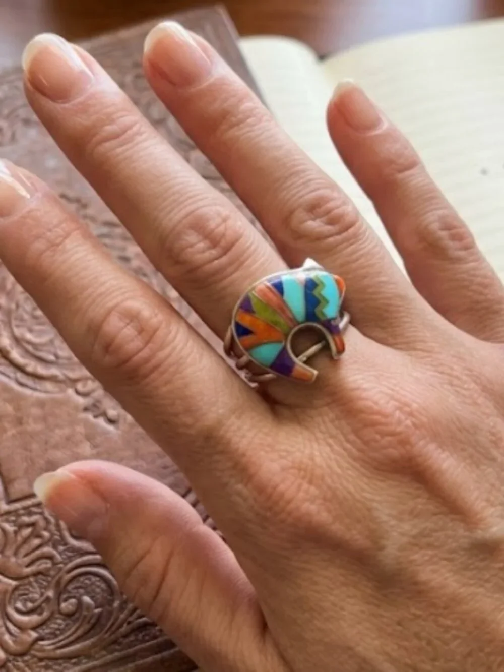 Southwest Inlay Multicolor Bear Sterling Silver Ring